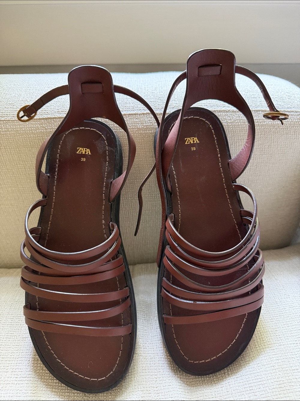 Zara chocolate brown strappy sandals with ankle buckle
